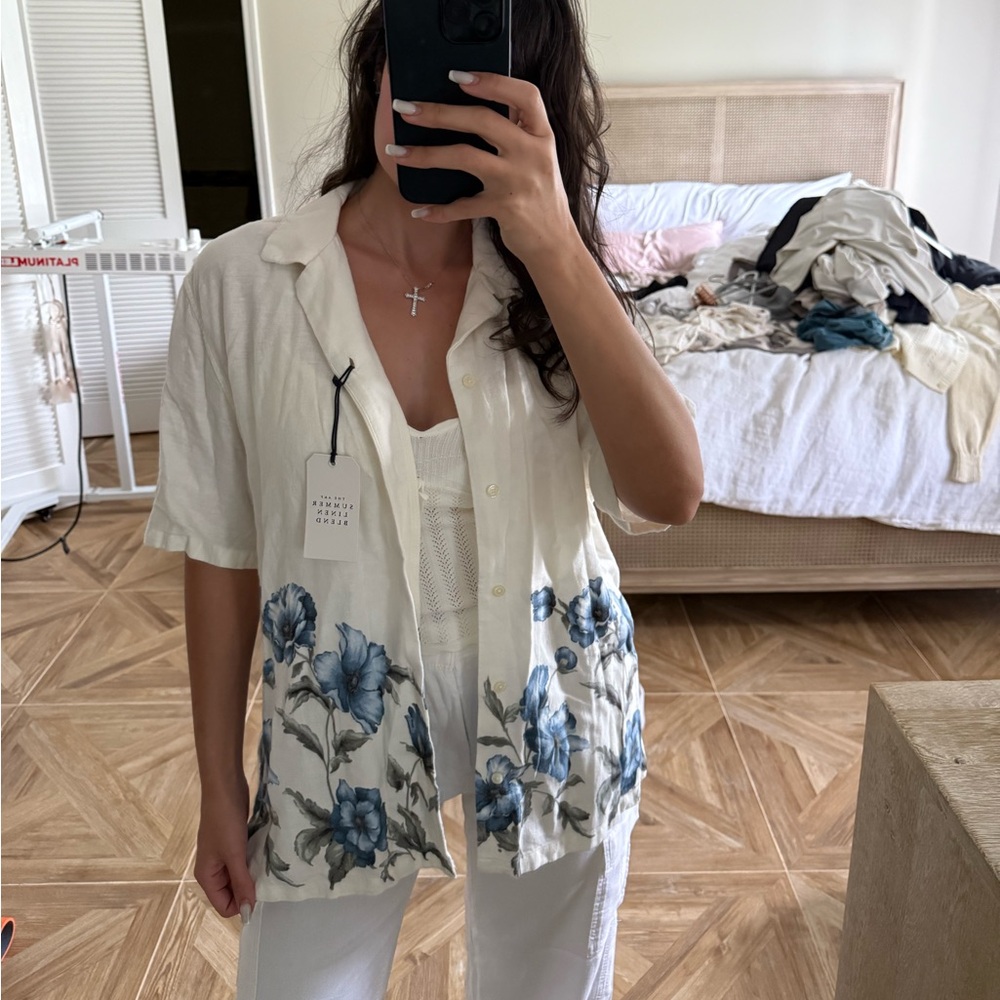 Floral White and Blue Linen Button-Up Shirt